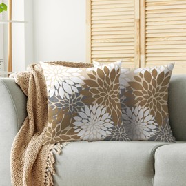 Smozenith Brown White Grey Gray Pillow Covers 18X18 Inch Set of 2, Spring Modern Geometry Dahlia Floral Print Decorative Throw Pillow Covers Outdoor Farmhouse Cushion Case for Couch Sofa Bed Decor