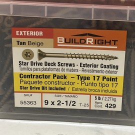 BuildRight Exterior Tan/Beige Star Deck Screw 9x2-1/2” Approx 429 5lbs