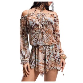 SweatyRocks Women's Leopard Mesh Cover Up Off Shoulder Lantern Long Sleeve Beach Mini Dress, Brown, Large