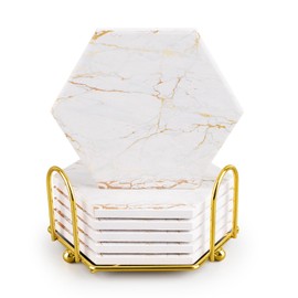 Marble Coasters for Drinks Absorbent with Cork Base, 6pcs Drink Coasters for Wooden Table with Metal Holder, Gold Ceramic Cup Coaster Set Home Decor for Housewarming