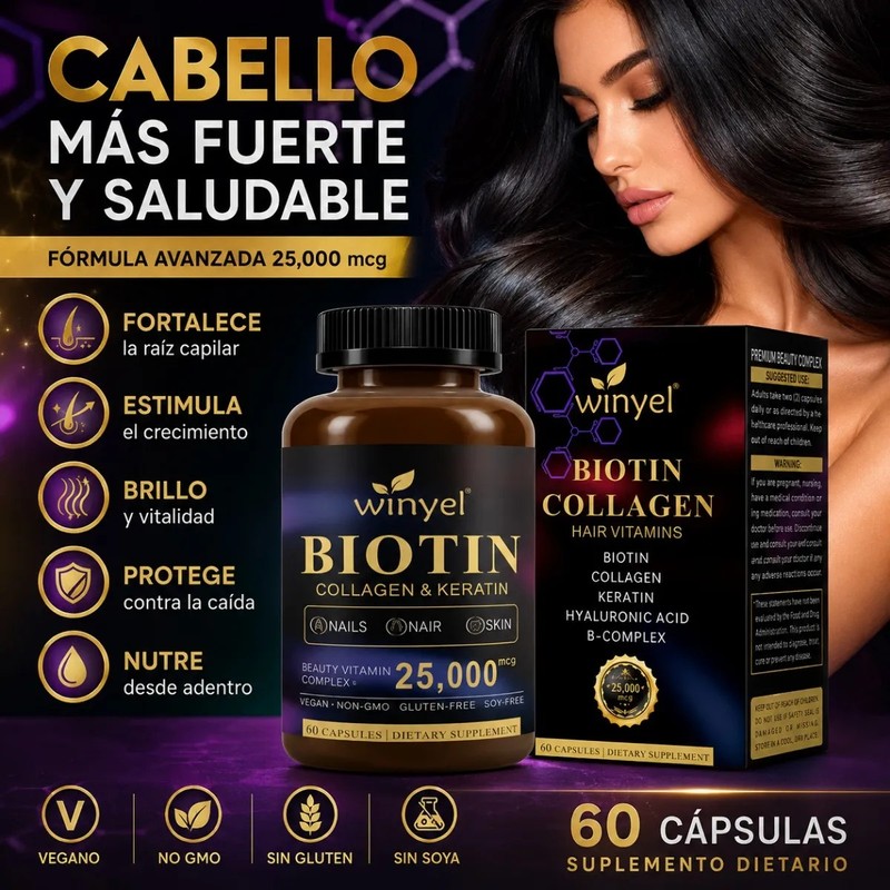 Biotina Con Colágeno Queratina Ácido Hialurónico 60 Caps