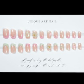 3D Flower Press on Nails Square Medium Fake Nails French Tip Acrylic Nails Press ons Cute Flowers False Nail Tips Reusable Artificial Nails Full Cover Glue on Nails for Women Nails Decor