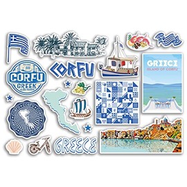 A5 Sticker Sheet Corfu Landmarks Vinyl Stickers - Greece Greek Map Airport Stamps Skyline Flag Travel Holiday City Trip Scrapbooking Luggage #79097