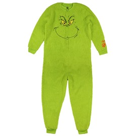 Dr Seuss The Grinch Union Suit Adult Embroidered Face Plush Full-Zip Pajama Costume (Large) Green