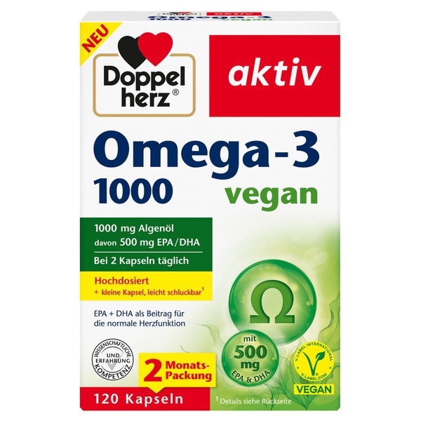 Doppelherz Omega-3 1000 Vegan - High Dose Omega-3 Fatty Acids EPA and DHA from Vegetable Algae Oil - 120 Small, Easily Swallowable Capsules
