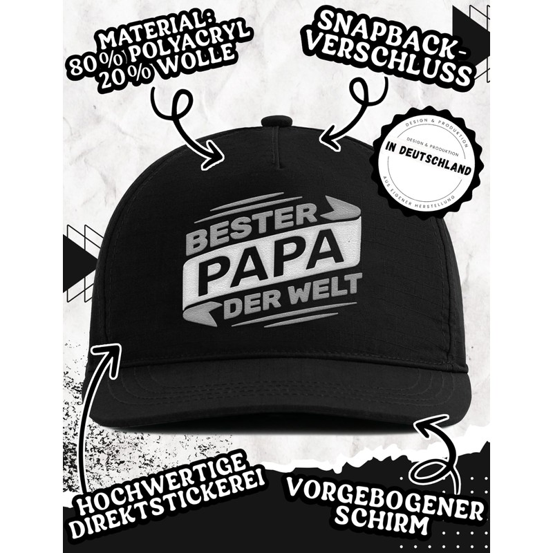 tshirtladen Snapback Schwarz Bester Papa DER Welt – Vatertagsgeschenk Papa,