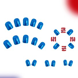 4th of July Nails Press on Nails Square Short Press on Nails Independence Glue on Nails Red White Lines Stars Designs Blue Glitter Acrylic Fake Nails July 4th False Nails for Girls Women 24Pcs