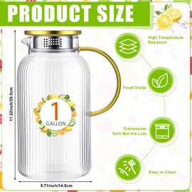 Honeydak 1 Gallon/128 oz Glass Pitcher with Lid and Handle, Heat Resistant Spout Glass Water Pitcher Carafe with Food Grade Leakproof Silicone for Hot/Cold Drinks Water Fridge Beverage Party