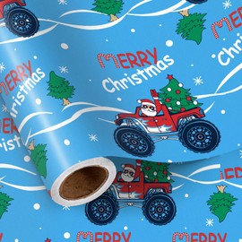 LeZakaa Boys Christmas Wrapping Paper Roll, Santa Driving Monster Truck with Christmas Tree, Blue Festive Holiday Gift Wrap for Kids, Boys, Family, Friends, Mini Roll 17 in x 16.4 Ft