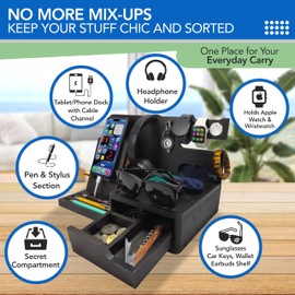 EcoLeafy Dot Nightstand Organizer- Black Bedside Organizer Makes Perfect Gifts for Dad- Best Birthday Gifts for Men To Organize His Cellphone, Watch, Sunglasses & Accessories