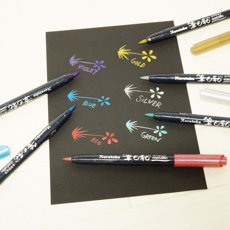 Kuretake CBK-55ME/6V Fude Biyori Water-Based Brush-Style Pen, Metallic, 6 Colors