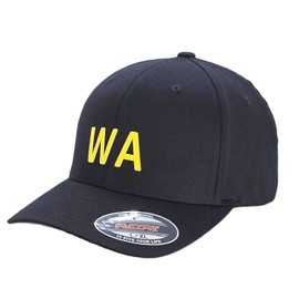 WA Supporters Cap, Flexfit 6277 Wooly Combed Baseball Cap, Acrylic-Wool, Flexfit Technology, 6-Panel, Silver Undervisor, Stretch Fitted, Premium Mid-Profile, Black with Yellow 'WA' Badge