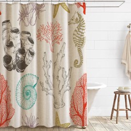 Jimuzi Ocean Beach Linen Shower Curtain Colorful Sea Shells Stars Seahorse and Coral Fabric Shower Curtain Set with Hooks, Nautical Coastal Shower Curtains for Bathroom, 71x71 Bath Curtain