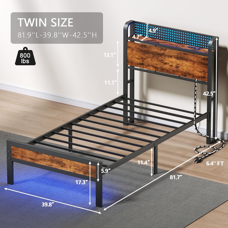 Furnulem Bed Frame Twin Size with LED Lights & Charging