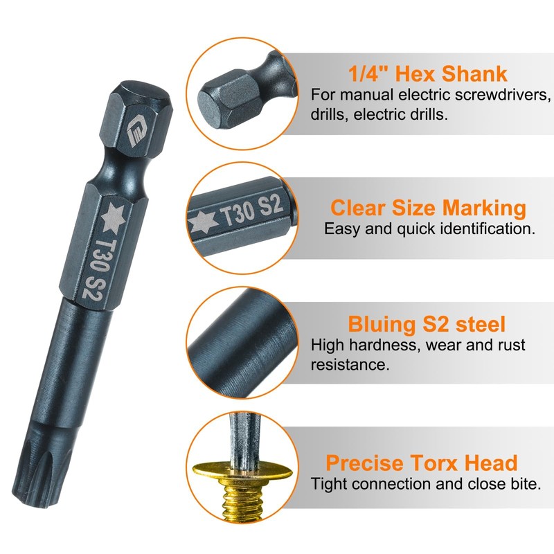 TA-VIGOR 3Pcs T30 Torx Head Screwdriver Bits 1/4 Inch Hex