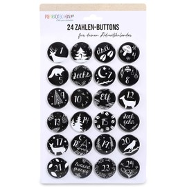 Papierdrachen 24 Advent Calendar Number Buttons 35 mm – Lapel Pins for Decorating Advent Calendars – with Numbers from 1-24 – Black and White – Ideal for Fabric Bags, Bags and Bags