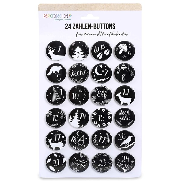 Papierdrachen 24 Advent Calendar Number Buttons 35 mm – Lapel