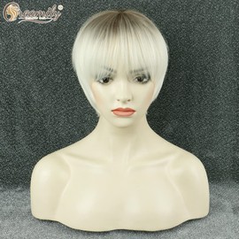 Creamily Blonde Short Wig for Women Short Hair Wig Women's Pixie Cut Wig with Fringe Natural Straight Synthetic Hair Wig for Women Ombre Platinum Blonde