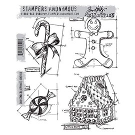 Stampers Anonymous Tim Holtz Cling Rubber Stamp Set 7 x 8.5-inch, Christmas Blueprints #3, Multi-Colour