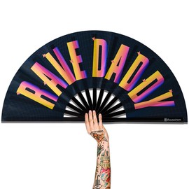 Raveahem UV Glow Rave Fan, Bamboo Folding Clack Hand Fan for Men Women (Rave Daddy, Large 13")