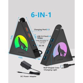 Powered USB Hub 3.0, 6-Port USB Hub(4 USB 3.0 Data Ports + 2 USB Smart Charging Port) with RGB Night Light and Base, USB hub Powered with 12V/4A Power Adapter for Mac, PC, Laptop, USB Flash Drives