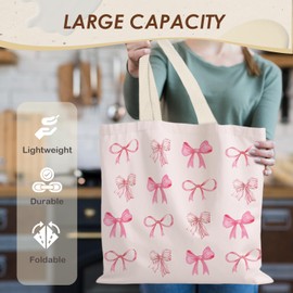 LUVADIAN Coquette Tote Bag, Pink Preppy Tote Bag, Trendy Pink Bows Canvas Tote Bag Aesthetic, Preppy Trendy Gifts for Women, Coquette Stuff, Reusable Grocery Bags Shopping Bags