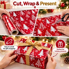 Red Christmas Wrapping Paper Roll for Holiday Gifts – Shiny Metallic Tree & Snowflake Design, 17 In × 33 Ft
