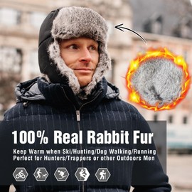 TOP-EX Grey Waterproof Mens 100% Rabbit Fur Trapper Hunting Earflap Hat Mask Winter Ushanka Russian Hiking Skiing Large L