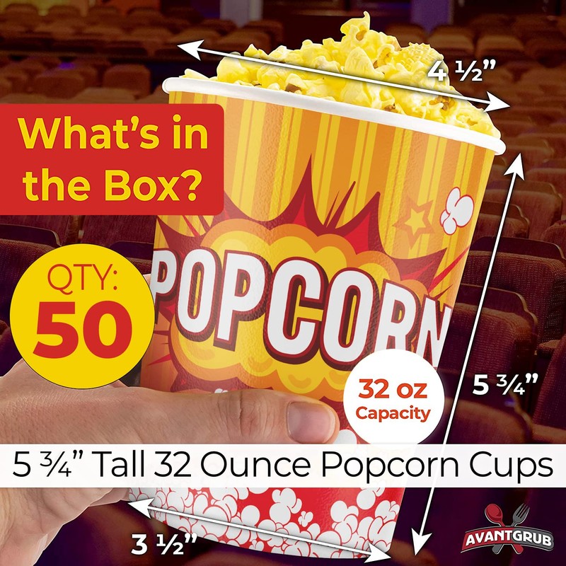 Leakproof, Super Durable 32oz Disposable Popcorn Bucket Tubs 50 Pack.