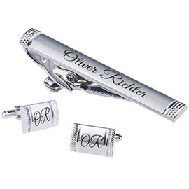 aplusashop ID Tie Pin + Cufflinks with Engraving of Your Choice Stainless Steel with Box Wedding, stainless steel, without stone