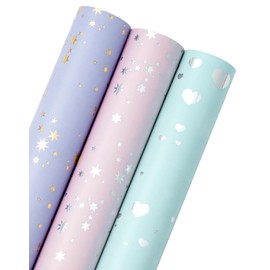 WRAPAHOLIC Wrapping Paper Roll - Mini Roll - 3 Rolls - 17 inch X 120 inch Per roll - Hearts/Stars (2 Kinds) Design for Birthday, Mother Day, Valentine's Day, Wedding, Baby Shower