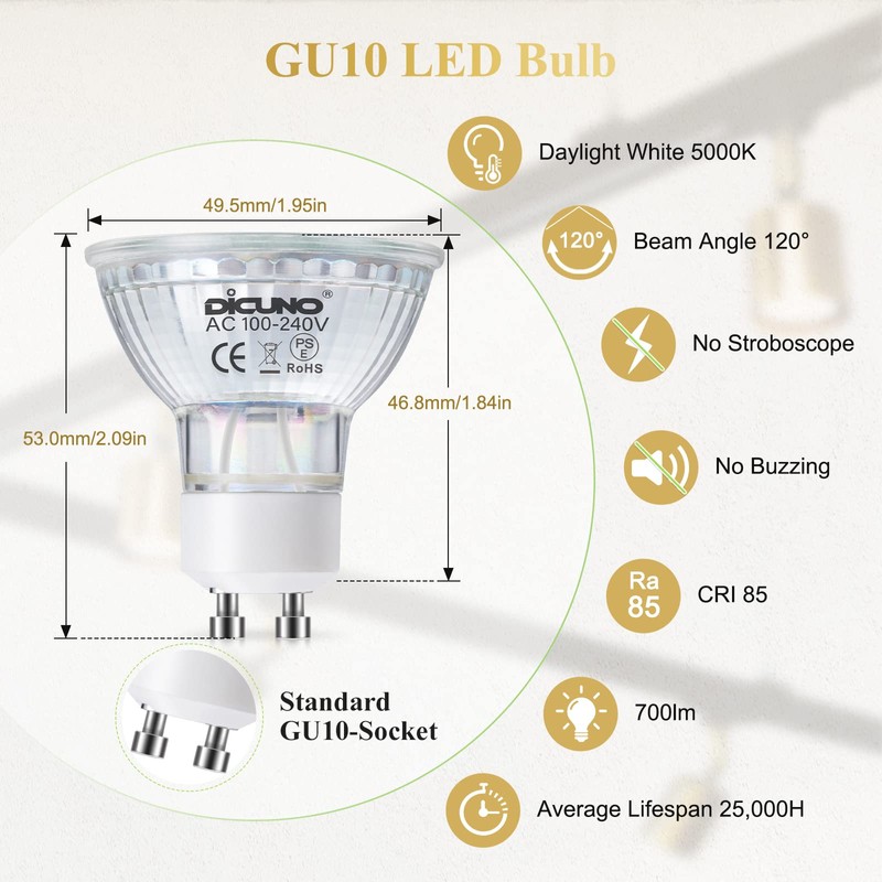 DiCUNO GU10 LED Light Bulbs, 6W 60W Halogen Replacement, Bright