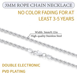Jewlpire Silver Chain for Men, 3mm Rope Chain Necklace Silver Chain Necklace for Men Sturdy Men's Chain Necklaces, 16 Inch