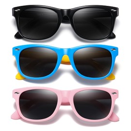 DYLB Kids Polarized Sunglasses for girls boys 3 Pack, Flexible TPEE Rubber Frame for Children Age 3-9 (Black + Pink +Blue Yellow)