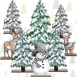 Meanplan 8 Pcs Wooden Christmas Decorations Christmas Tree Elk Snowman Wooden Table Sign Xmas Tree Table Centerpiece Winter Rustic Standing Tiered Tray Block Decoration for Mantel Fireplace Tabletop