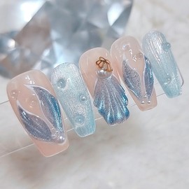Whale Tail Blue Handmade Nail Tips - Short Ballerina / 웨일테일 블루 수제네일팁 - 숏발레리나