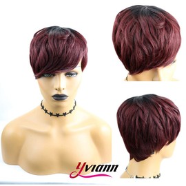 Yviann Pixie Cut Human Hair Wigs with Bangs Ombre red Color Wigs Cute Brazilian Short Black and Burgundy Layered Wavy Wigs for Women 1B/99j Color