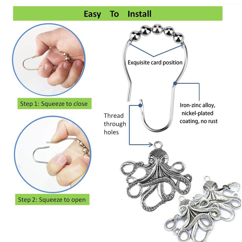 Octopus Shower Curtain Hooks Rings - Silver Metal Shower Hooks