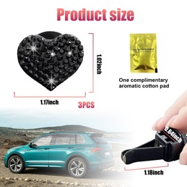3 PCS Bling Car Air Vent Clips, Crystal Heart Shaped Auto Air Conditioning Outlet Clip, Rhinestone Air Freshener for Women Girls, Sparkly Vehicle Interior Decor Accessories(Black)