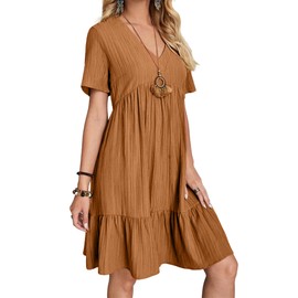 Women's Summer Dresses Casual Midi Swing Short Sleeve V Neck Tiered A Line Flowy Beach Dress Sundress 2024 Brown