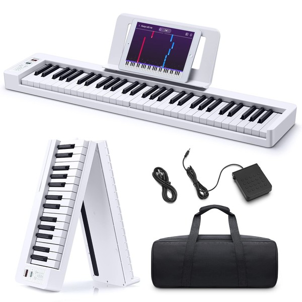 Donner Folding Bluetooth Piano Keyboard, 61 Keys Sensitive Travel Piano Keyboard for Beginner, Portable Music Keyboard with Music Rest, Piano Bag, Piano Pedal, Piano APP, DP-06 White