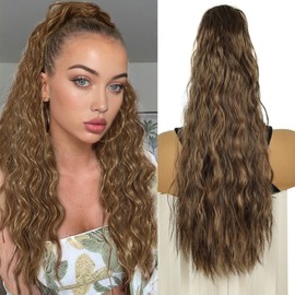 PHOCAS Brown Ponytail Extension,Fluffy Drawstring Ponytail Hair Extensions Wavy Hair Extension Synthetic Hairpiece for Daily Use 24inch（Light Brown)