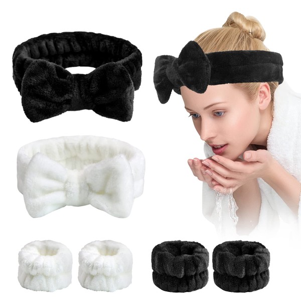 Yoseng Spa Headband and Wrist Towels for Washing Face,Set of 6 Wrist Bands Scrunchies Bracelets Makeup Headbands for Women for Washing Face, Skincare, Makeup Removal,Shower(Black,White