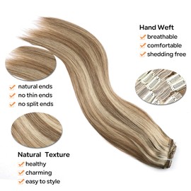 Pobokix Straight Clip In Hair Extensions Real Human Hair 8Pcs Clip In Balayage Chestnut Brown Highlight Blonde Human Hair Extensions with 18Clips Lace Weft 120g 20inch