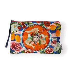 Italian Summer Cotton Clutch Purse, 17 x 27 cm, Wrist Strap, Illustrated