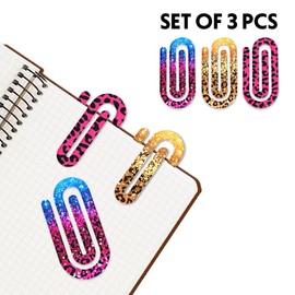 WIRESTER Set of 3 Jumbo Teacher Acrylic Paper Clips, Paperclip Bookmark, Teacher Appreciation Gift, Multipurpose Clip for Home, Office, School - Glitter Sparkle Leopard, Black/Hot Pink Leopard