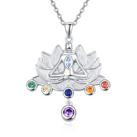 TANGPOET Chakra Necklaces for Women Sterling Silver 7 Chakra Necklace Lotus Flower Pendant Necklace Healing Crystal Jewelry Chakra Gifts for Women Yoga Lover