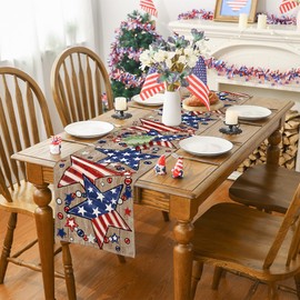 4th of July Table Runner, Wood Stars Patriotic Runner Memorial Day Kitchen Dining Table Decoration for Home Party Decor 13x90 Inch