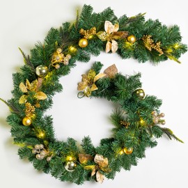 YULETIME 6 Feet Lighted Christmas Garland, Battery Operated with 20 Fairy Lights Artificial Garland, Golden Baubles, Berries, Poinsettia, Green Branches and Pine Needles (Golden Ornaments)