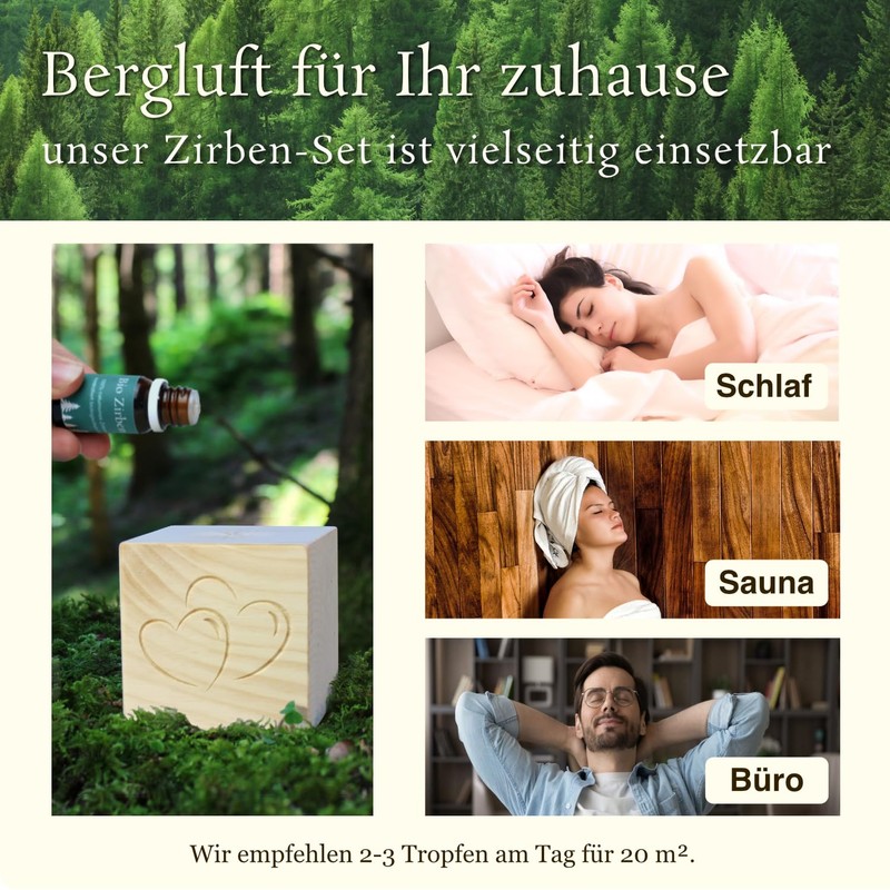 Zirben-Würfel Duft-Set | Zirbenholz-Würfel mit Motiv und Tropfstruktur + Zirben-Öl